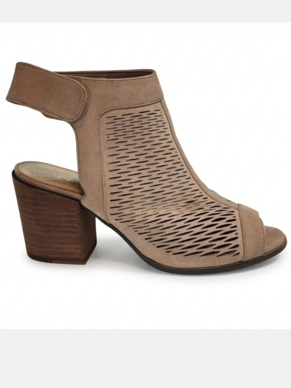 Vince Camuto Lavette women's tan leather cut out block heel open toe sandle boot